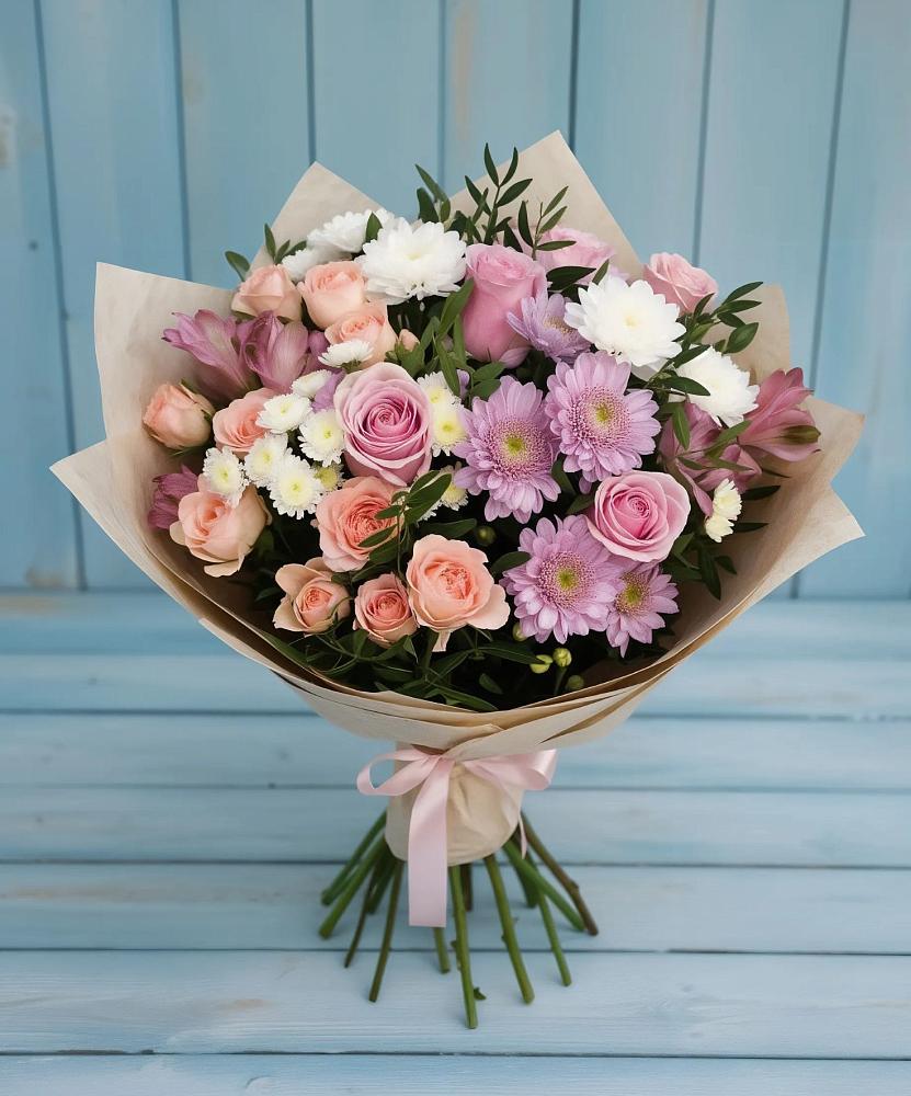 Букет цветов из: Хризантемы, Розы и Альстромерии в Раевской