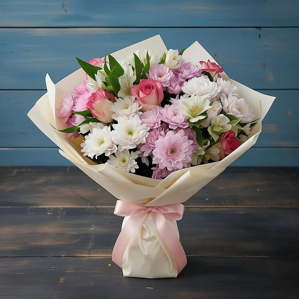 Букет цветов из: Хризантемы, Альстромерии и Розы в Раевской